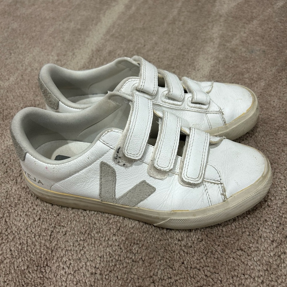 Veja White Leather Velcro Sneakers with Gray 'V' Accent